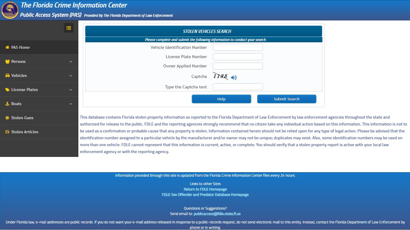 STOLEN VEHICLES SEARCH - pas.fdle.state.fl.us